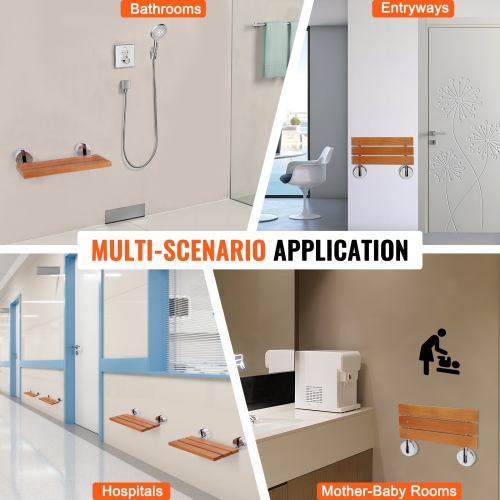 VEVOR Folding Teak Shower Seat, 20.1" x 13.2" Unfolded, Wall Mounted Fold Up Shower Bench with 440 lbs Load Capacity, Space Saving Home Care Fold