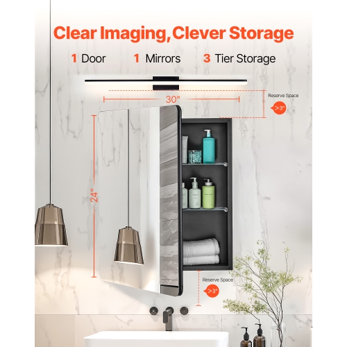 VEVOR 24x30 inch Medicine Cabinet, Medicine Cabinet for Bathroom with Mirror, Aluminum Frame Bathroom Wall Cabinet, 2-layer Adjustable Shelves,