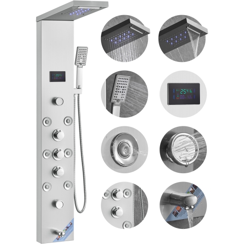 Système de panneau de douche VEVOR, 6 modes de douche, LED & Screen, tour de panneau de douche hydroélectrique, cascade, 8 jets de massage, bec