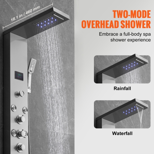Système de panneau de douche VEVOR, 6 modes de douche, LED & Screen, tour de panneau de douche hydroélectrique, cascade, 8 jets de massage, bec