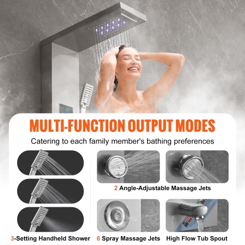 Système de panneau de douche VEVOR, 6 modes de douche, LED & Screen, tour de panneau de douche hydroélectrique, cascade, 8 jets de massage, bec