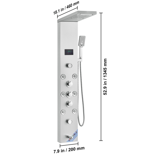 Système de panneau de douche VEVOR, 6 modes de douche, LED & Screen, tour de panneau de douche hydroélectrique, cascade, 8 jets de massage, bec