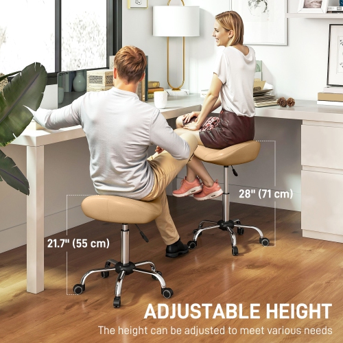 HOMCOM Saddle Stool, Height Adjustable Rolling Salon Chair with PU Leather for Massage, Spa, Clinic, Beauty and Tattoo, Brown