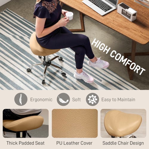 HOMCOM Saddle Stool, Height Adjustable Rolling Salon Chair with PU Leather for Massage, Spa, Clinic, Beauty and Tattoo, Brown