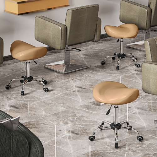 HOMCOM Saddle Stool, Height Adjustable Rolling Salon Chair with PU Leather for Massage, Spa, Clinic, Beauty and Tattoo, Brown