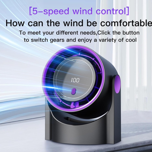 Table fan, rechargeable portable fan with 90° rotating head, LED digital power display and 5-speed wind speed adjustment function, ultra-quiet small