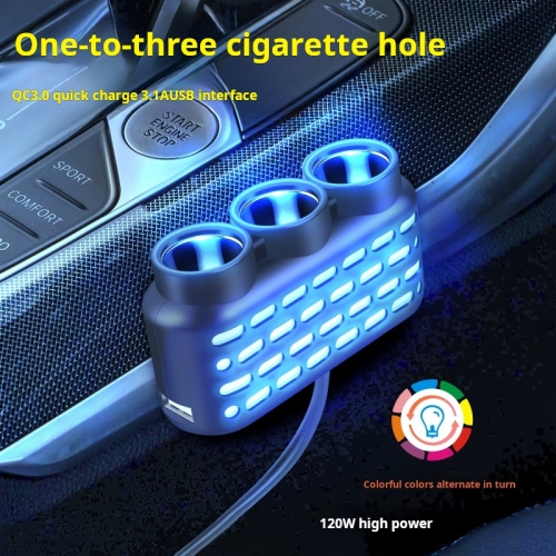 Lumières colorées allume-cigare un à trois allume-cigarette, chargeur, voiture QC3.0+USB+PD interface de chargement rapide 12Le passe-24&nbsp;V - noir