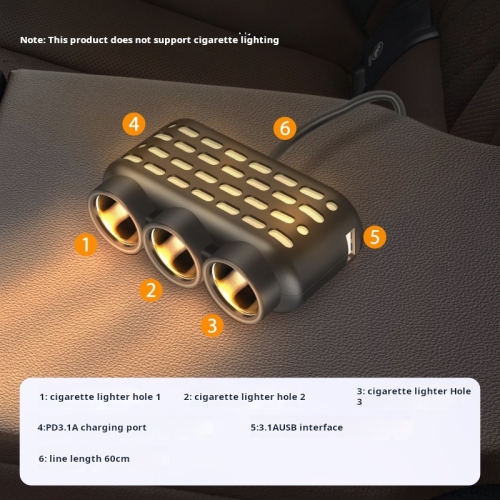 Lumières colorées allume-cigare un à trois allume-cigarette, chargeur, voiture QC3.0+USB+PD interface de chargement rapide 12Le passe-24&nbsp;V - noir