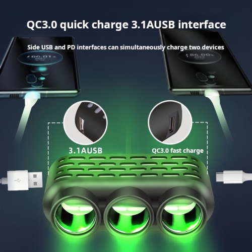 Lumières colorées allume-cigare un à trois allume-cigarette, chargeur, voiture QC3.0+USB+PD interface de chargement rapide 12Le passe-24&nbsp;V - noir