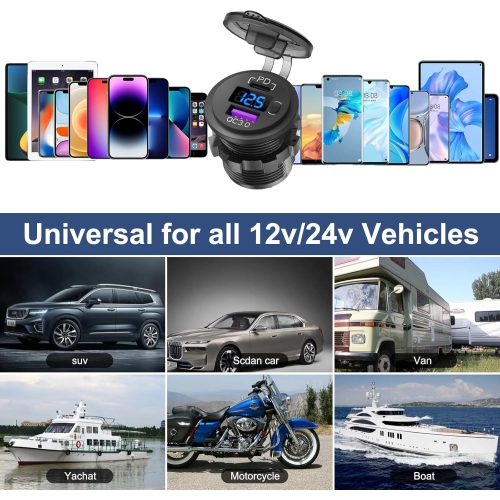 Chargeur de téléphone mobile pour voiture Yacht Bus, QC3.0+ avec écran à boutons électroniques, recharge rapide avec deux ports de chargement,