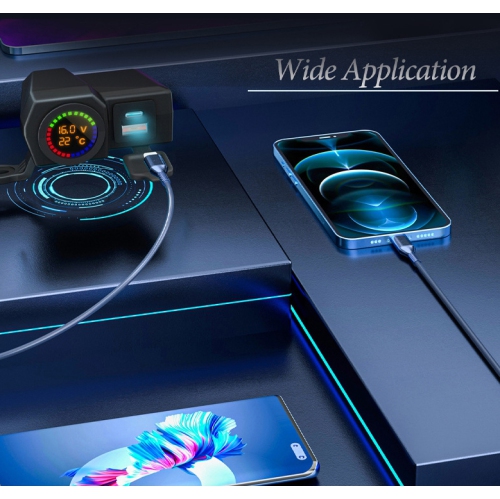 Chargeur de moto un à trois, affichage numérique de la tension et de la température Double chargeur de téléphone mobile USB, chargeur pour l'auto PD