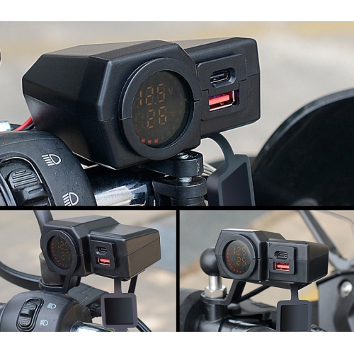Chargeur de moto un à trois, affichage numérique de la tension et de la température Double chargeur de téléphone mobile USB, chargeur pour l'auto PD