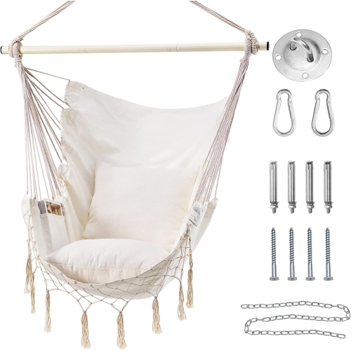 Chaise hamac, chaise suspendue beige avec pochette et macrame max 330 lb, chaise à corde pivotante pour chambre, cour arrière et terrasse grand