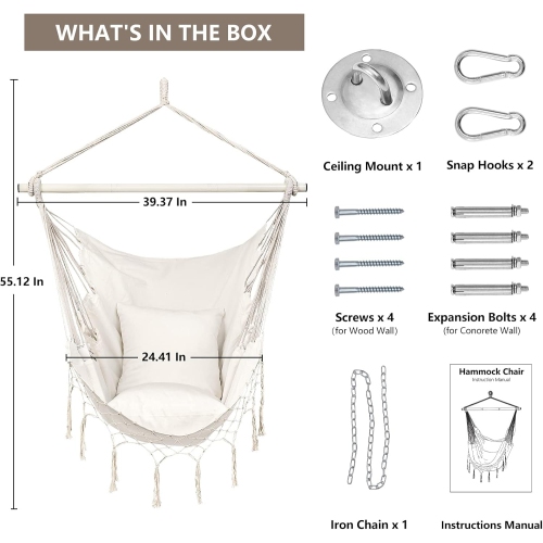 Chaise hamac, chaise suspendue beige avec pochette et macrame max 330 lb, chaise à corde pivotante pour chambre, cour arrière et terrasse grand