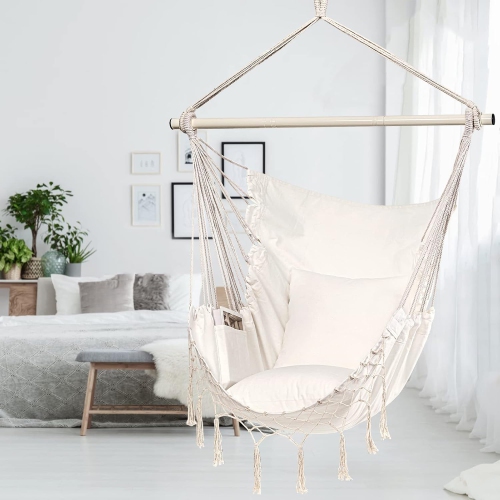 Chaise hamac, chaise suspendue beige avec pochette et macrame max 330 lb, chaise à corde pivotante pour chambre, cour arrière et terrasse grand