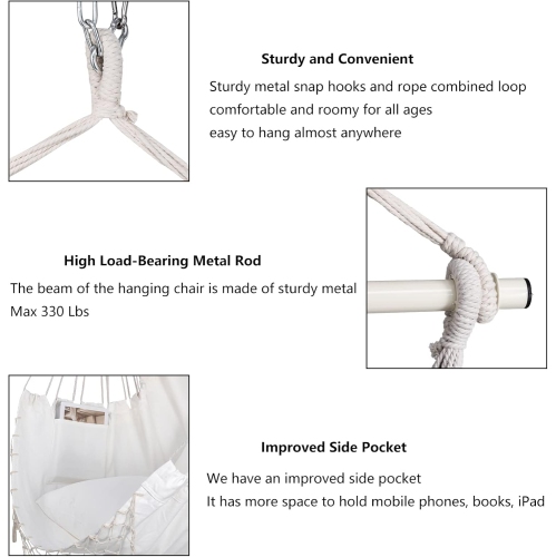 Chaise hamac, chaise suspendue beige avec pochette et macrame max 330 lb, chaise à corde pivotante pour chambre, cour arrière et terrasse grand