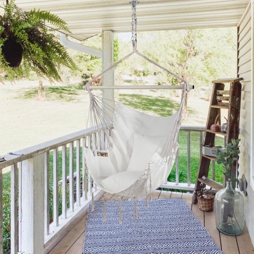 Chaise hamac, chaise suspendue beige avec pochette et macrame max 330 lb, chaise à corde pivotante pour chambre, cour arrière et terrasse grand