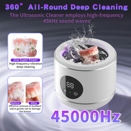 Ultrasonic Retainer Cleaner, 45kHz Ultrasonic Denture Cleaner Machine with UV-Light, Portable Ultrasonic Cleaner for Aligner, Mouthguard