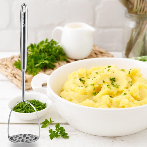 Stainless Steel Potato Masher, Kitchen Potato Masher, Multifunctional Garlic Press for Avocados, Tomatoes, Fruits and Vegetables, Pet Food