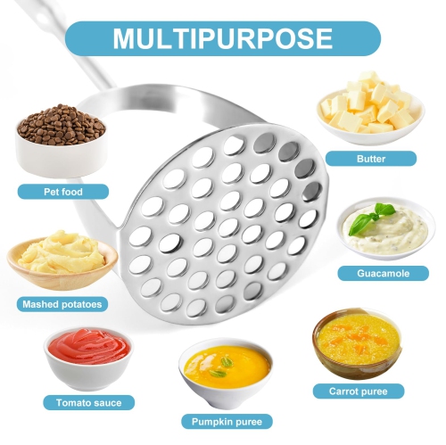 Stainless Steel Potato Masher, Kitchen Potato Masher, Multifunctional Garlic Press for Avocados, Tomatoes, Fruits and Vegetables, Pet Food