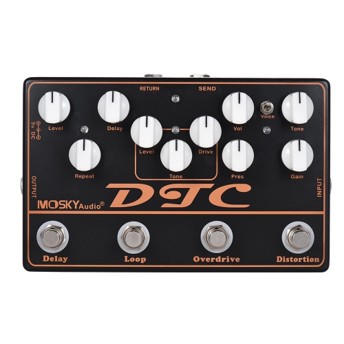 4-in-1 professional guitar effects pedal｜Distortion+Overdrive+Delay+FX Loop｜Dual distortion mode｜All-metal body