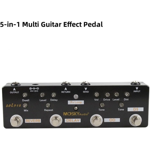 Pédale de guitare professionnelle à effets multiples cinq-en-un|Distortion+Overdrive+Delay+Reverb+FX Loop|Solution de chaîne complète
