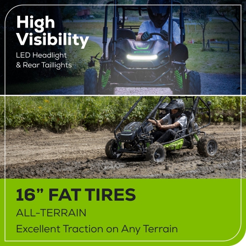 Greenworks 60V STEALTH Series All-Terrain 2-Seat Electric Youth Go-Kart, 8Ah Batteries and Dual Port Charger Included