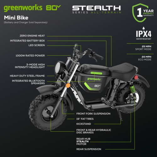 Greenworks 80V Stealth Series 19'' Minibike, 4Ah Batteries & 8A Dual Port Charger Included
