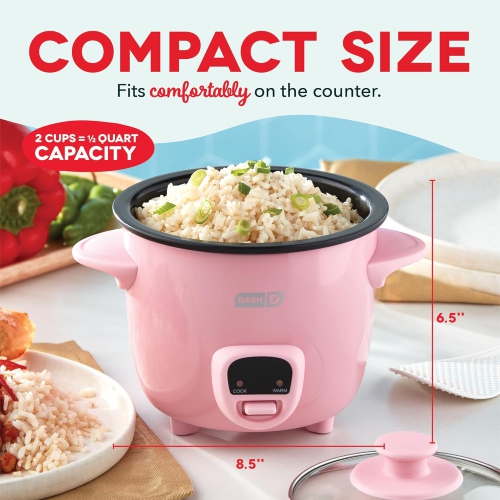 Dash - Mini Rice Cooker with Keep Warm Function & Removable Nonstick Pot - 2 Cups, Pink - 200W - Includes Recipe Guide, Rice Paddle & Measuring Cup