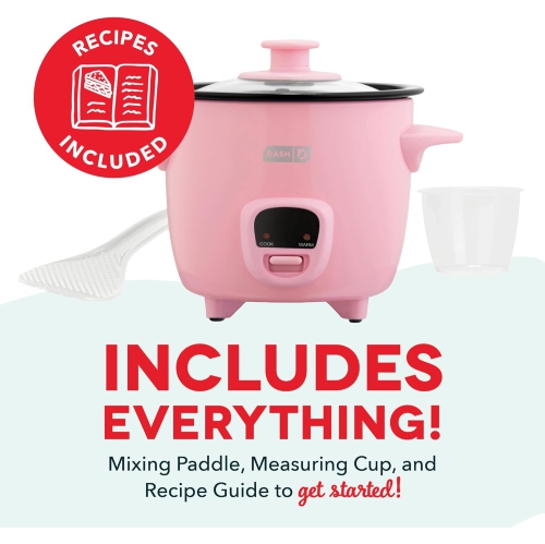 Dash - Mini Rice Cooker with Keep Warm Function & Removable Nonstick Pot - 2 Cups, Pink - 200W - Includes Recipe Guide, Rice Paddle & Measuring Cup