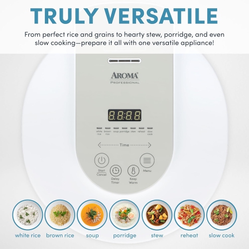 Aroma - Professional Rice Cooker with Purple Clay Cooking Pot - 3 Qt - LCD Display, Keep Warm, Timer, Programmable, White - ARC-7206P
