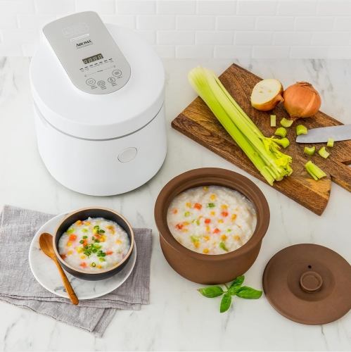Aroma - Professional Rice Cooker with Purple Clay Cooking Pot - 3 Qt - LCD Display, Keep Warm, Timer, Programmable, White - ARC-7206P