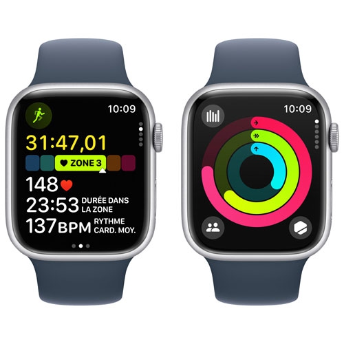 Apple Watch Series 9 (GPS) 45mm Silver Aluminum Case with Storm Blue Sport Band - Small / Medium - US Version by APPLE - Refurbished condition - Image 8