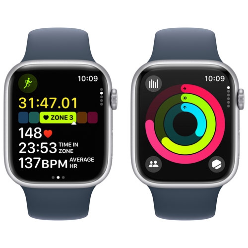 Apple Watch Series 9 (GPS + Cellular) 45mm Silver Aluminum Case with Storm Blue Sport Band - Small / Medium - US Version by APPLE - Refurbished condition - Image 8