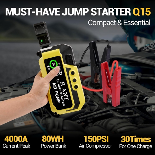E-Ant Car Jump Starter with Air Compressor(10L Gas/8L Diesel), 4000A Peak 12v Auto Battery Jump Pack, Power Bank USB QC3.0 Outputs - Yellow