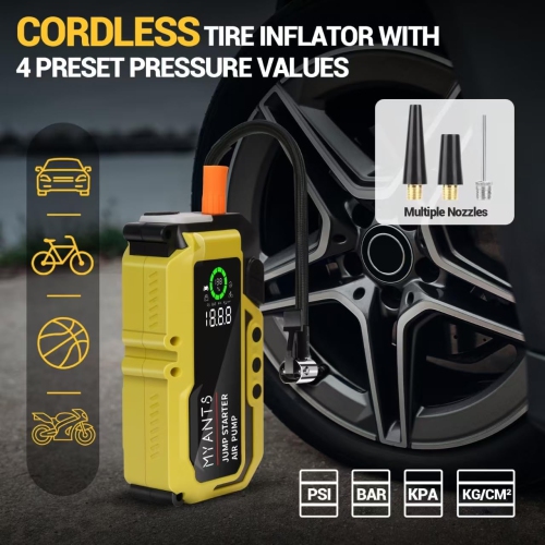 E-Ant Car Jump Starter with Air Compressor(10L Gas/8L Diesel), 4000A Peak 12v Auto Battery Jump Pack, Power Bank USB QC3.0 Outputs - Yellow