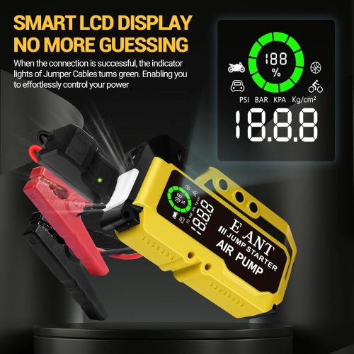 E-Ant Car Jump Starter with Air Compressor(10L Gas/8L Diesel), 4000A Peak 12v Auto Battery Jump Pack, Power Bank USB QC3.0 Outputs - Yellow