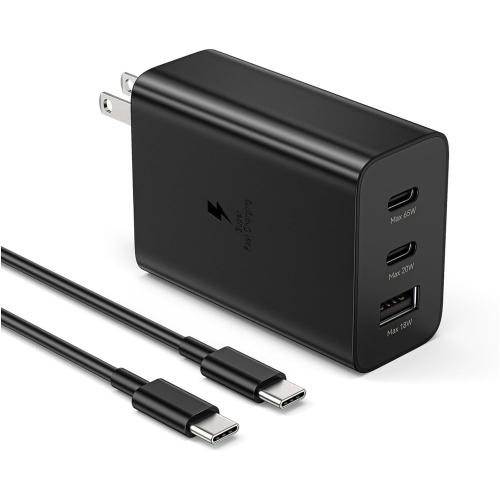 [CS] Chargeur mural double USB-C et USB-A super rapide de 65&nbsp;W avec câble USB-C 1&nbsp;m pour iPhone de Samsung, Google Motorola, noir