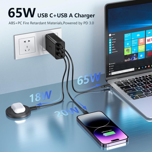 [CS] Chargeur mural double USB-C et USB-A super rapide de 65&nbsp;W avec câble USB-C 1&nbsp;m pour iPhone de Samsung, Google Motorola, noir