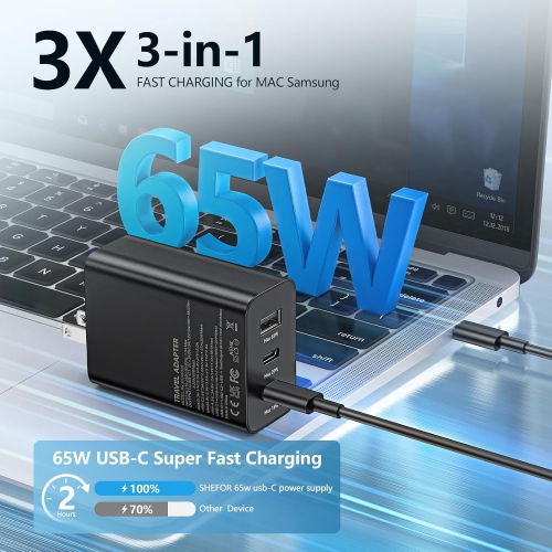 [CS] Chargeur mural double USB-C et USB-A super rapide de 65&nbsp;W avec câble USB-C 1&nbsp;m pour iPhone de Samsung, Google Motorola, noir