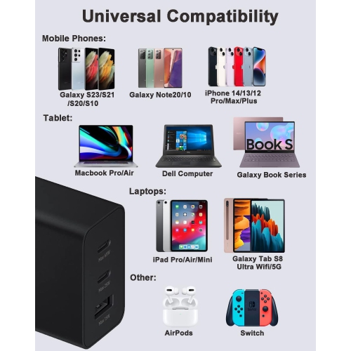 [CS] Chargeur mural double USB-C et USB-A super rapide de 65&nbsp;W avec câble USB-C 1&nbsp;m pour iPhone de Samsung, Google Motorola, noir