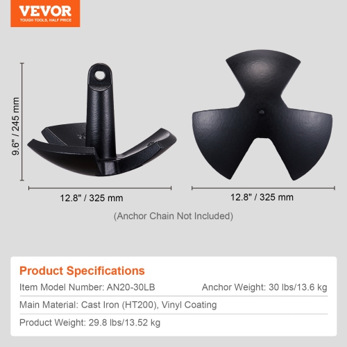 VEVOR 30 LBS River Anchor, Boat Anchor Cast Iron Black Vinyl-Coated, Marine Grade Mushroom Anchor for Boats Up To 30 ft, Impressive Holding Power in