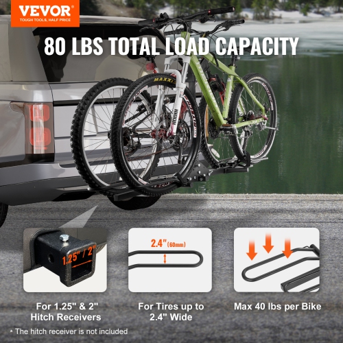 VEVOR 80 LBS Capacity Hitch Mount Bike Rack, 2-Bike Platform Style,Bike Rack Hitch for 1.25-/2-inch Receiver, Titling and Folding Bike Carrier with