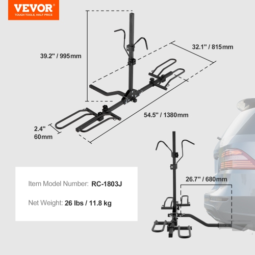 VEVOR 80 LBS Capacity Hitch Mount Bike Rack, 2-Bike Platform Style,Bike Rack Hitch for 1.25-/2-inch Receiver, Titling and Folding Bike Carrier with
