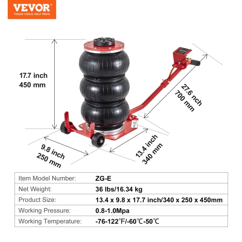 VEVOR 3 Ton/6600 lbs Air Jack, Triple Bag Air Jack, Airbag Jack with Six Steel Pipes, Lift up to 17.7 inch/450 mm, 3-5 s Fast Lifting Pneumatic Jack,