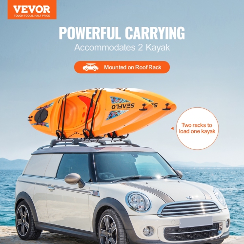 VEVOR Kayak Roof Rack 2 Pairs J-Bar, Soft Roof Rack, Top Mount Tie Down, Carrier for kayak, Surf Board, Canoe, SUP, Ski Board, Mount on Car, SUV,