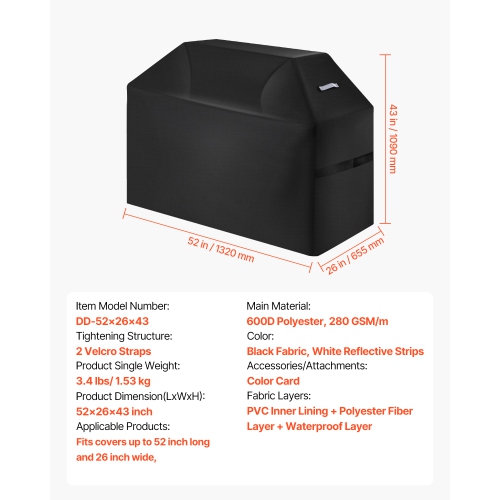 VEVOR 52 inch Grill Cover, BBQ Covers for Outdoor Grills, Waterproof, Fade Resistant, Weather Resistant Heavy Duty 600D Polyester, Easy On/Off, with