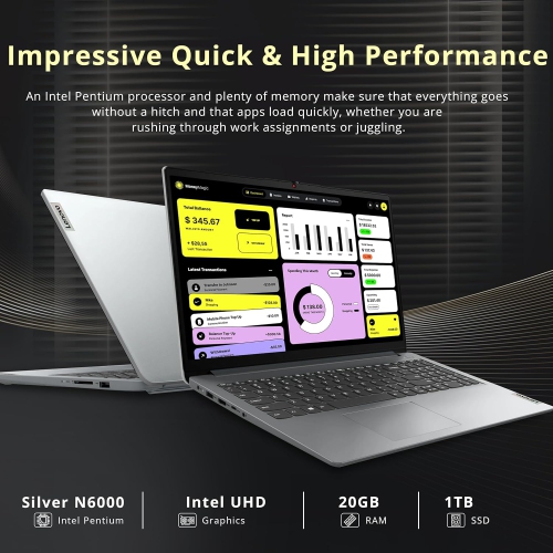 Lenovo IdeaPad 1 15.6" HD Laptop - Intel Pentium Silver N6000 - 20GB DDR4 - 1TB SSD - Intel UHD - Windows 11 S - Gray by LENOVO - Refurbished condition - Image 2