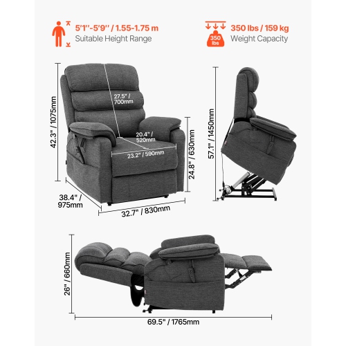 VEVOR Power Lift Recliner Chair, Lift Chair with Heat and Massage, Dual Motor Recliner Chair with 2 Anti-Fall Ropes, Infinite Position Adjustment