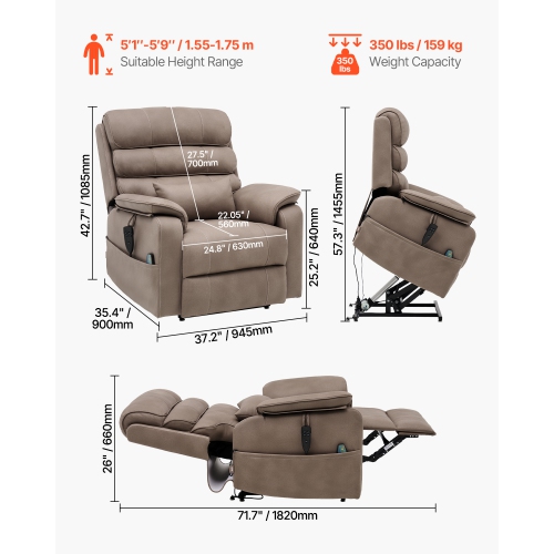 VEVOR Power Lift Recliner Chair, Lift Chair with Heat and Massage, Dual Motor Recliner Chair with a Cup holder, Position Adjustment Electric Recliner